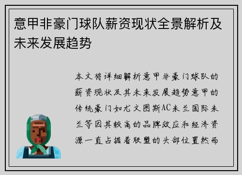 意甲非豪门球队薪资现状全景解析及未来发展趋势