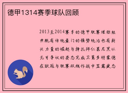 德甲1314赛季球队回顾