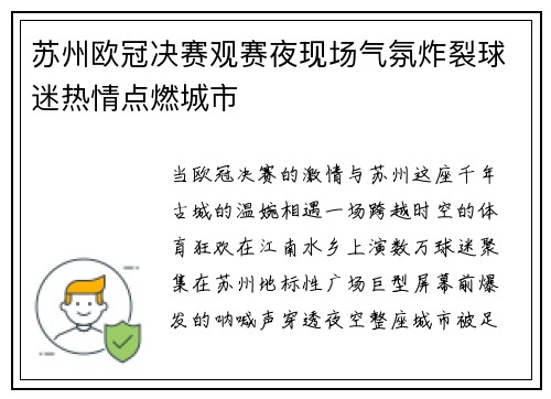 苏州欧冠决赛观赛夜现场气氛炸裂球迷热情点燃城市
