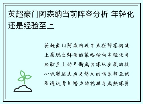 英超豪门阿森纳当前阵容分析 年轻化还是经验至上