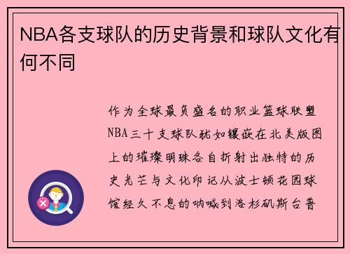 NBA各支球队的历史背景和球队文化有何不同